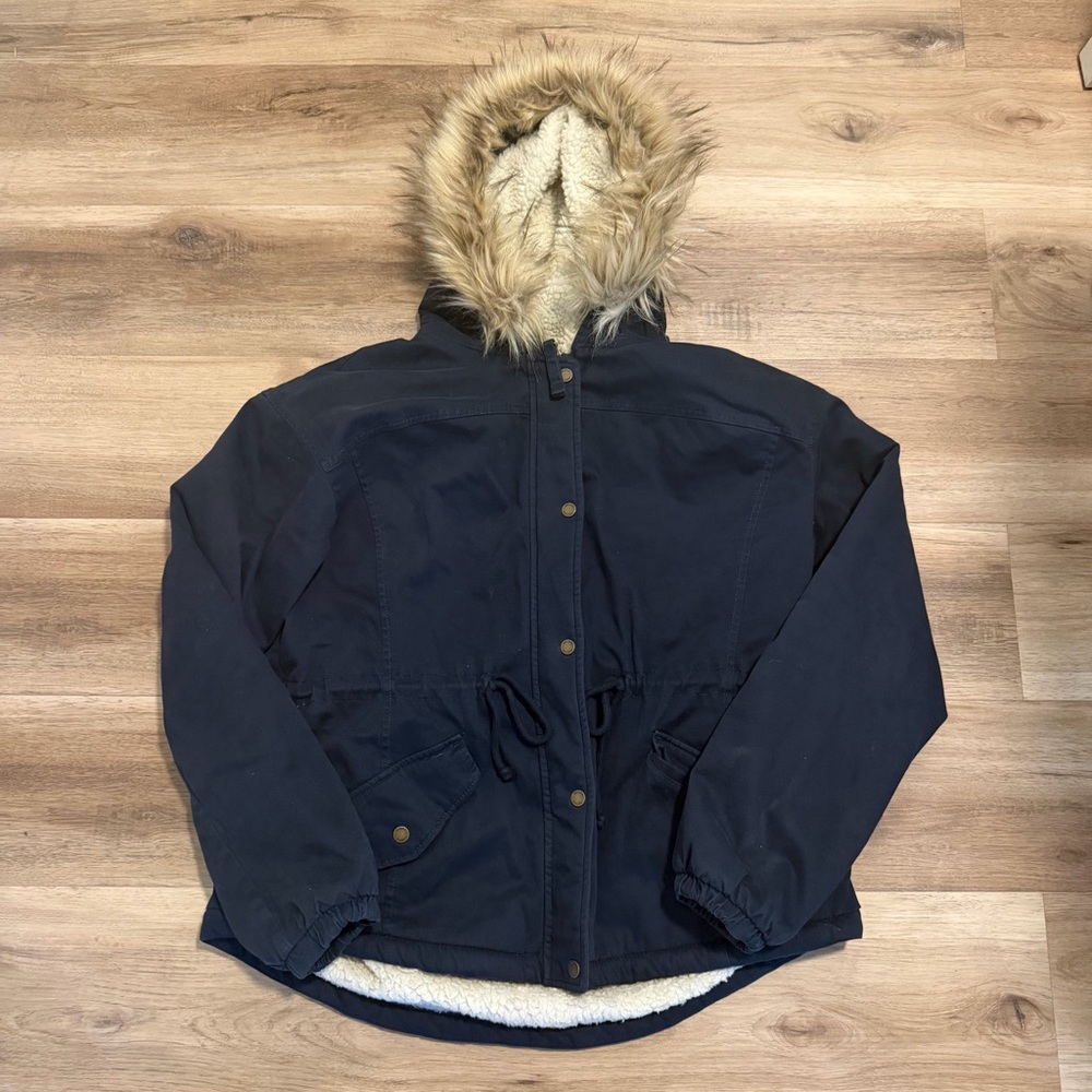 Hollister Heritage Collection Blue Faux Fur Sherpa Lined Parka Jacket Women’s XL